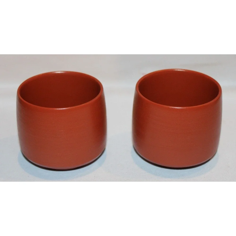 4 Japanese Tokoname red clay sake cups bamboo design set